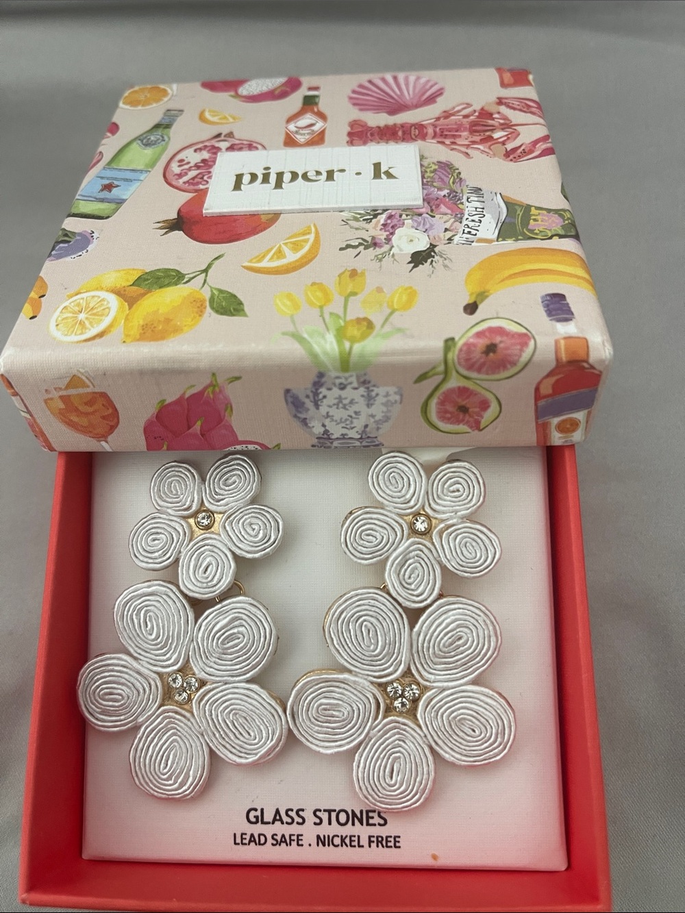 Piper White Floral Statement Drop Earrings with Glass Accents